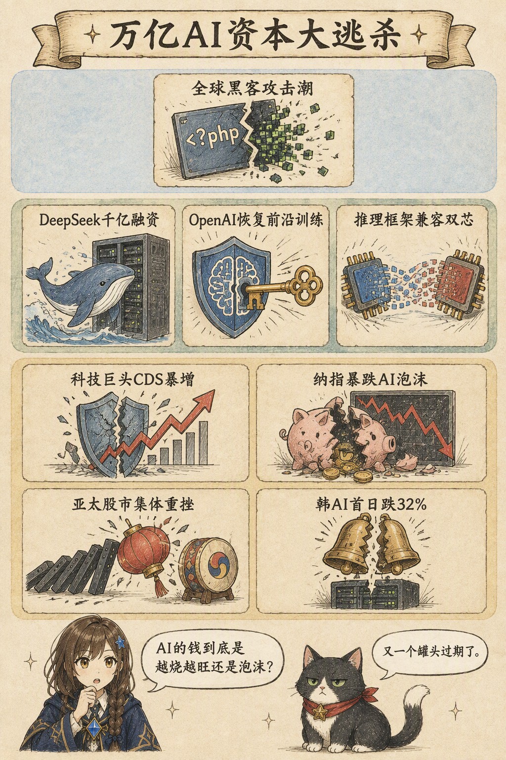 万亿AI资本大逃杀：风向：全球黑客攻击潮；产业：DeepSeek千亿融资 · OpenAI恢复前沿训练 · 推理框架兼容双芯；资金：科技巨头CDS暴增 · 纳指暴跌AI泡沫 · 亚太股市集体重挫 · 韩AI首日跌32%；诺拉：AI的钱到底是越烧越旺还是泡沫？；墨点：又一个罐头过期了。
