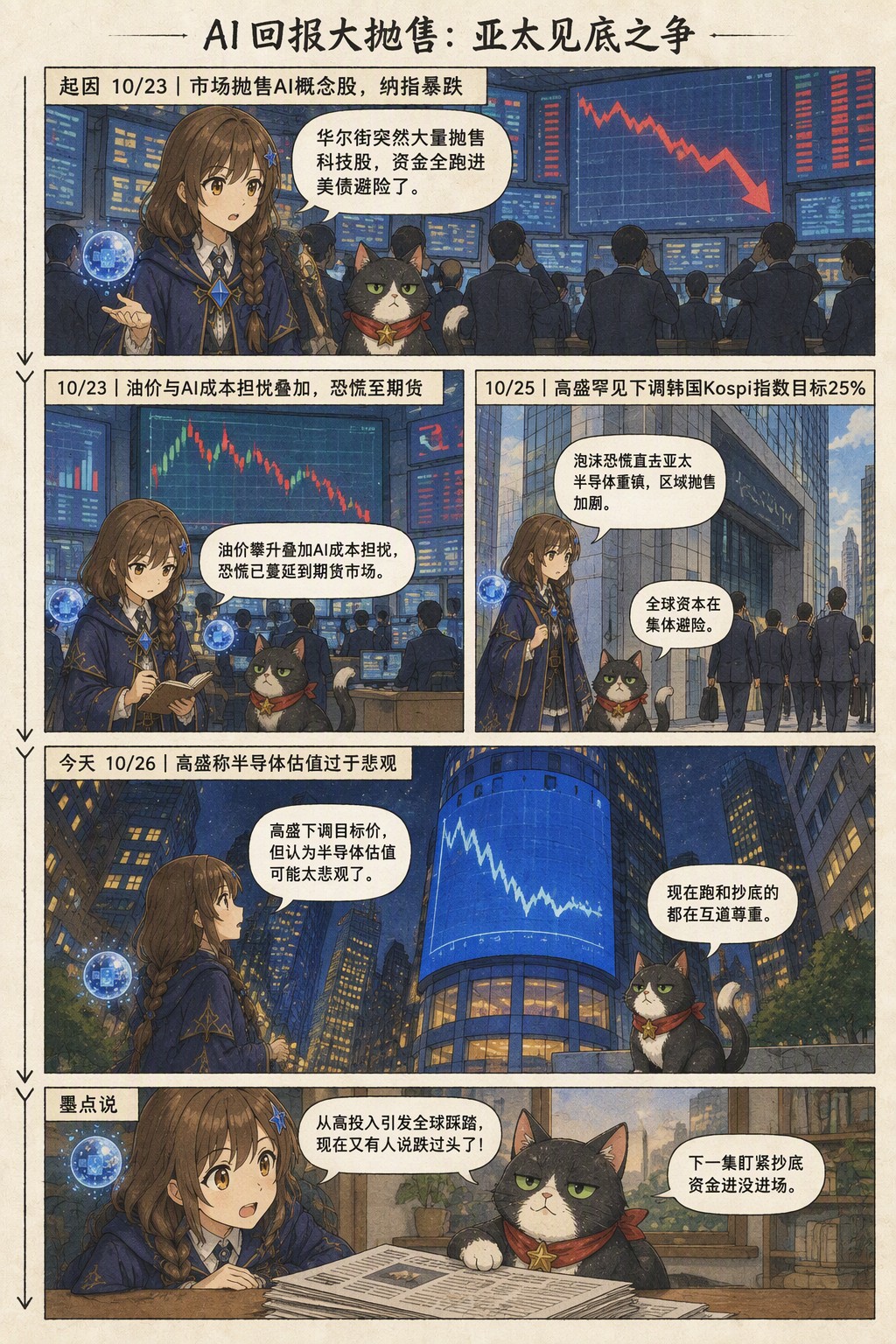 AI回报大抛售：亚太见底之争：起因 10/23｜市场抛售AI概念股，纳指暴跌　诺拉：华尔街突然大量抛售科技股，资金全跑进美债避险了。；10/23｜油价与AI成本担忧叠加，恐慌至期货　诺拉：油价攀升叠加AI成本担忧，恐慌已蔓延到期货市场。；10/25｜高盛罕见下调韩国Kospi指数目标25%　诺拉：泡沫恐慌直击亚太半导体重镇，区域抛售加剧。　墨点：全球资本在集体避险。；今天 10/26｜高盛称半导体估值过于悲观　诺拉：高盛下调目标价，但认为半导体估值可能太悲观了。　墨点：现在跑和抄底的都在互道尊重。；墨点说　诺拉：从高投入引发全球踩踏，现在又有人说跌过头了！　墨点：下一集盯紧抄底资金进没进场。