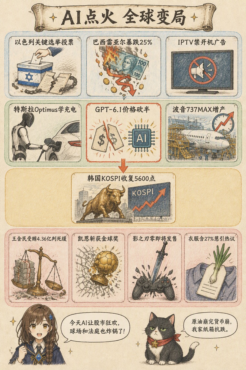 AI点火 全球变局：风向：以色列关键选举投票 · 巴西雷亚尔暴跌25% · IPTV禁开机广告；产业：特斯拉Optimus学充电 · GPT-6.1价格砍半 · 波音737MAX增产；资金：韩国KOSPI收复5600点；热搜：王会民受贿4.36亿判死缓 · 凯恩斩获金球奖 · 影之刃零即将发售 · 衣服含27%葱引热议；诺拉：今天AI让股市狂欢，球场和法庭也炸锅了！；墨点：原油崩完货币崩，我家纸箱抗跌。
