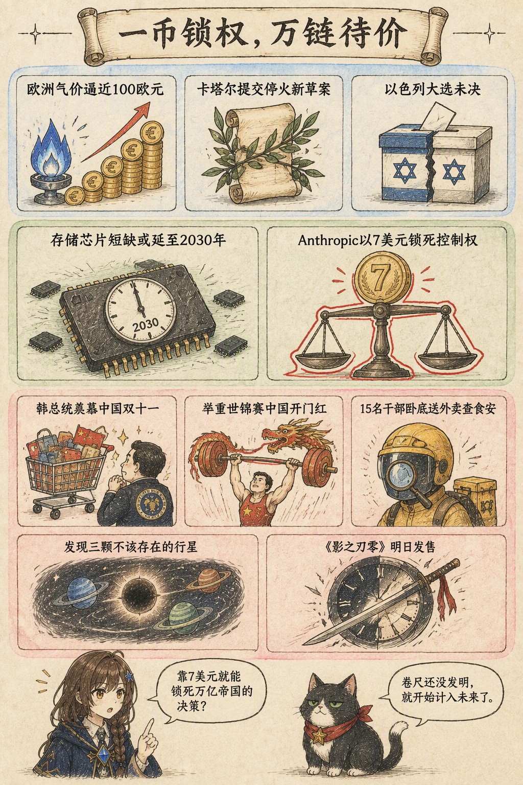 一币锁权，万链待价：风向：欧洲气价逼近100欧元 · 卡塔尔提交停火新草案 · 以色列大选未决；产业：存储芯片短缺或延至2030年 · Anthropic以7美元锁死控制权；热搜：韩总统羡慕中国双十一 · 举重世锦赛中国开门红 · 15名干部卧底送外卖查食安 · 发现三颗不该存在的行星 · 《影之刃零》明日发售；诺拉：靠7美元就能锁死万亿帝国的决策？；墨点：卷尺还没发明，就开始计入未来了。