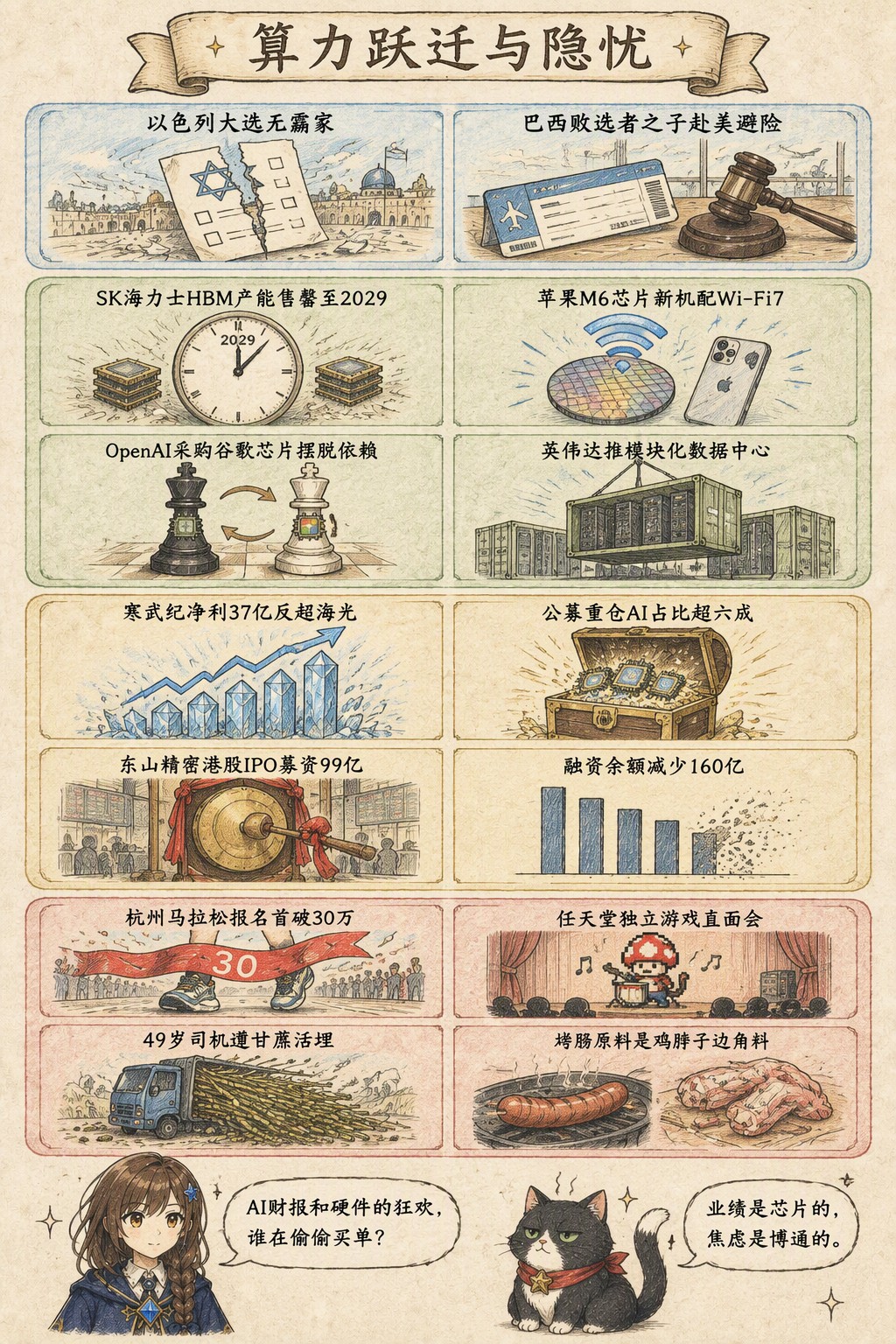 算力跃迁与隐忧：风向：以色列大选无赢家 · 巴西败选者之子赴美避险；产业：SK海力士HBM产能售罄至2029 · 苹果M6芯片新机配Wi-Fi7 · OpenAI采购谷歌芯片摆脱依赖 · 英伟达推模块化数据中心；资金：寒武纪净利37亿反超海光 · 公募重仓AI占比超六成 · 东山精密港股IPO募资99亿 · 融资余额减少160亿；热搜：杭州马拉松报名首破30万 · 任天堂独立游戏直面会 · 49岁司机遭甘蔗活埋 · 烤肠原料是鸡脖子边角料；诺拉：AI财报和硬件的狂欢，谁在偷偷买单？；墨点：业绩是芯片的，焦虑是博通的。