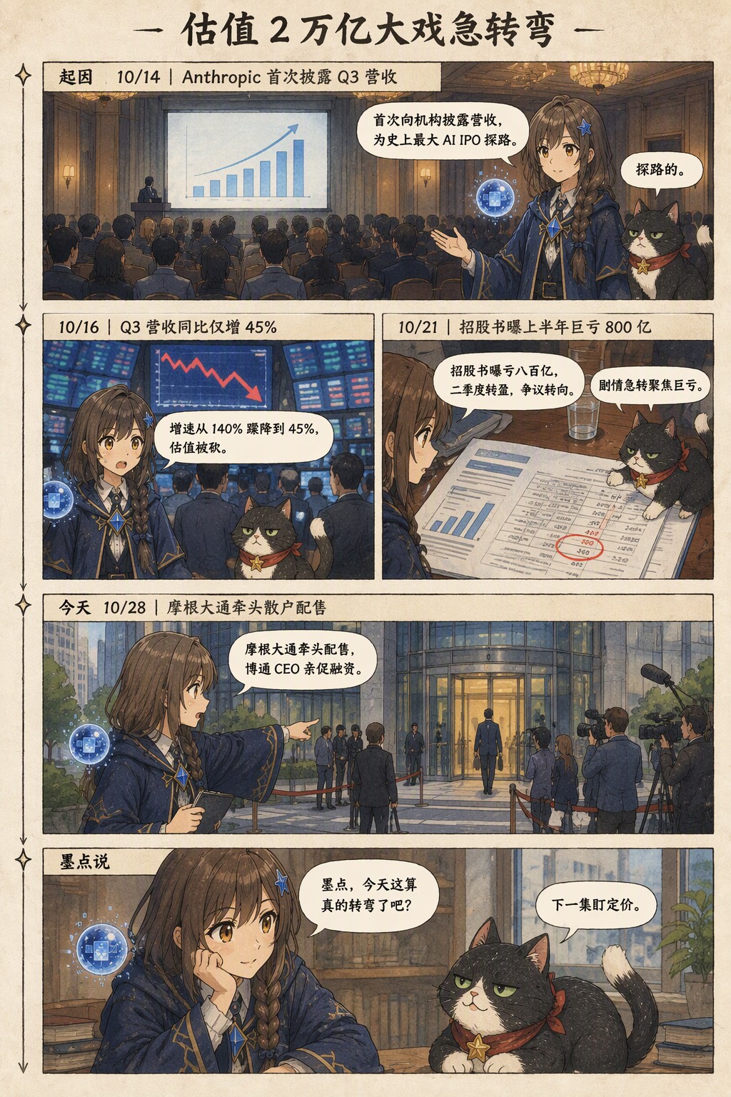 估值 2 万亿大戏急转弯：起因 10/14｜Anthropic 首次披露 Q3 营收　诺拉：首次向机构披露营收，为史上最大 AI IPO 探路。　墨点：探路的。；10/16｜Q3 营收同比仅增 45%　诺拉：增速从 140% 骤降到 45%，估值被砍。；10/21｜招股书曝上半年巨亏 800 亿　诺拉：招股书曝亏八百亿，二季度转盈，争议转向。　墨点：剧情急转聚焦巨亏。；今天 10/28｜摩根大通牵头散户配售　诺拉：摩根大通牵头配售，博通 CEO 亲促融资。；墨点说　诺拉：墨点，今天这算真的转弯了吧？　墨点：下一集盯定价。