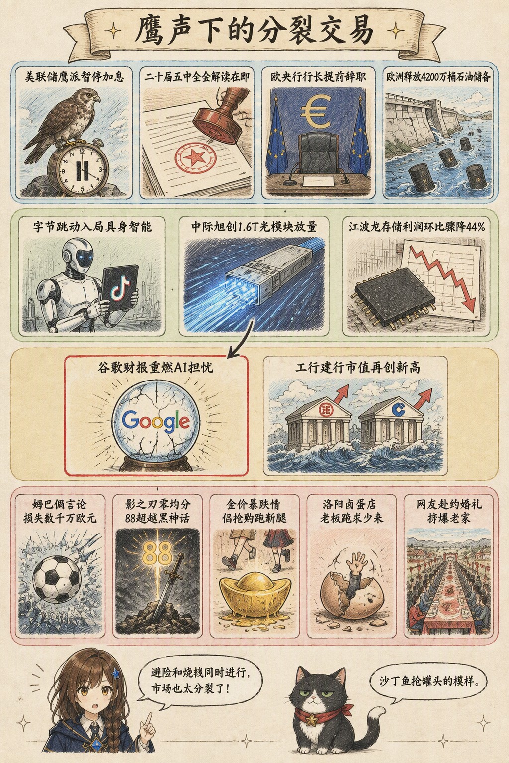 鹰声下的分裂交易：风向：美联储鹰派暂停加息 · 二十届五中全会解读在即 · 欧央行行长提前辞职 · 欧洲释放4200万桶石油储备；产业：字节跳动入局具身智能 · 中际旭创1.6T光模块放量 · 江波龙存储利润环比骤降44%；资金：谷歌财报重燃AI担忧 · 工行建行市值再创新高；热搜：姆巴佩言论损失数千万欧元 · 影之刃零均分88超越黑神话 · 金价暴跌情侣抢购跑断腿 · 洛阳卤蛋店老板跪求少来 · 网友赴约婚礼挤爆老家；诺拉：避险和烧钱同时进行，市场也太分裂了！；墨点：沙丁鱼抢罐头的模样。