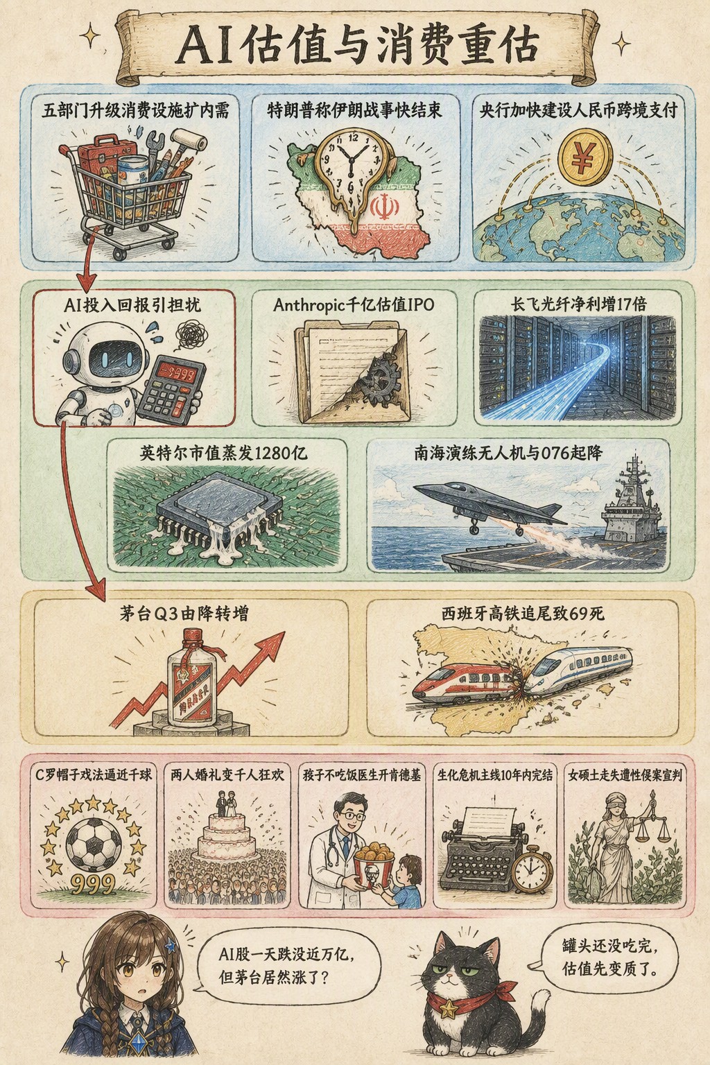 AI估值与消费重估：风向：五部门升级消费设施扩内需 · 特朗普称伊朗战事快结束 · 央行加快建设人民币跨境支付；产业：AI投入回报引担忧 · Anthropic千亿估值IPO · 长飞光纤净利增17倍 · 英特尔市值蒸发1280亿 · 南海演练无人机与076起降；资金：茅台Q3由降转增 · 西班牙高铁追尾致69死；热搜：C罗帽子戏法逼近千球 · 两人婚礼变千人狂欢 · 孩子不吃饭医生开肯德基 · 生化危机主线10年内完结 · 女硕士走失遭性侵案宣判；诺拉：AI股一天跌没近万亿，但茅台居然涨了？；墨点：罐头还没吃完，估值先变质了。