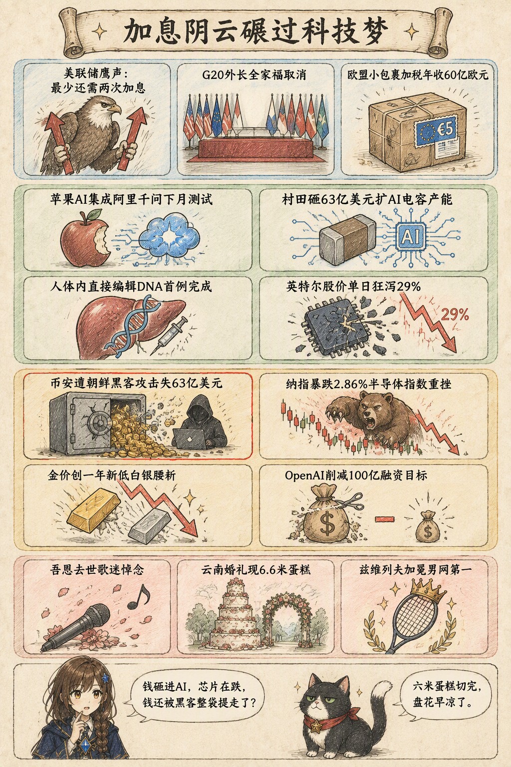 加息阴云碾过科技梦：风向：美联储鹰声：最少还需两次加息 · G20外长全家福取消 · 欧盟小包裹加税年收60亿欧元；产业：苹果AI集成阿里千问下月测试 · 村田砸63亿美元扩AI电容产能 · 人体内直接编辑DNA首例完成 · 英特尔股价单日狂泻29%；资金：币安遭朝鲜黑客攻击失63亿美元 · 纳指暴跌2.86%半导体指数重挫 · 金价创一年新低白银腰斩 · OpenAI削减100亿融资目标；热搜：吾恩去世歌迷悼念 · 云南婚礼现6.6米蛋糕 · 兹维列夫加冕男网第一；诺拉：钱砸进AI，芯片在跌，钱还被黑客整袋提走了？；墨点：六米蛋糕切完，盘花早凉了。